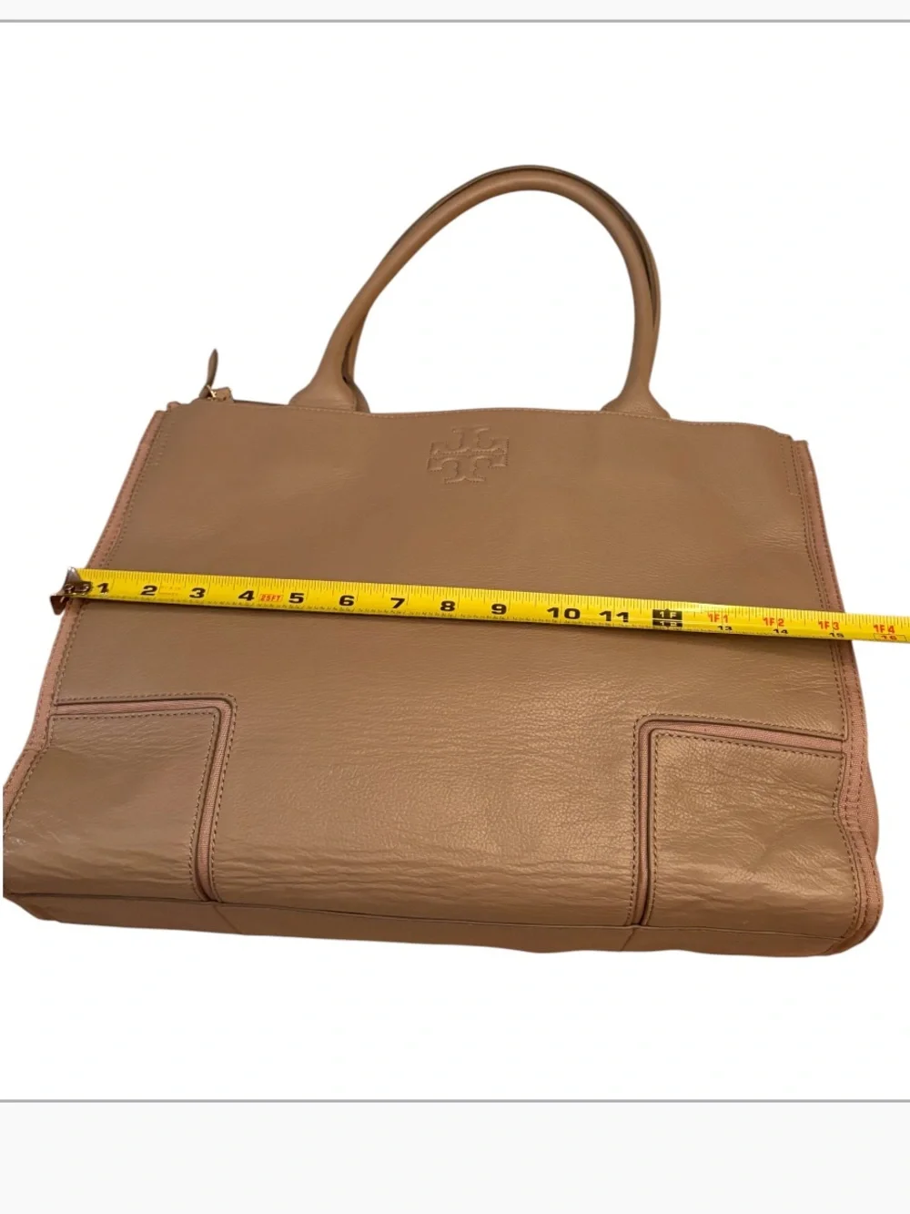 Tory Burch Ella Tan Pebbled Leather and Canvas Tote